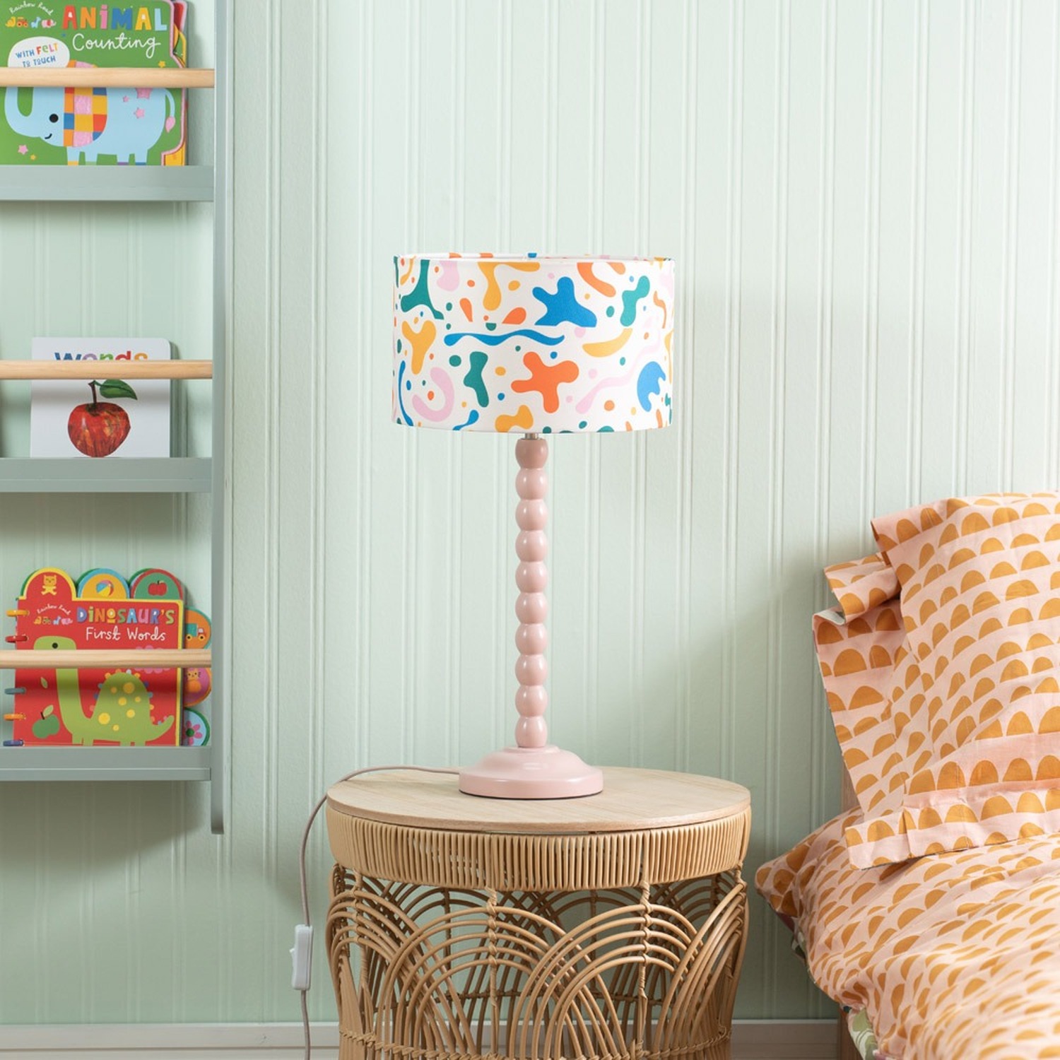 Pink Bobbin Stem Table Lamp with Kids Drum Shade with LED Bulb - Rose Pink / Abstract