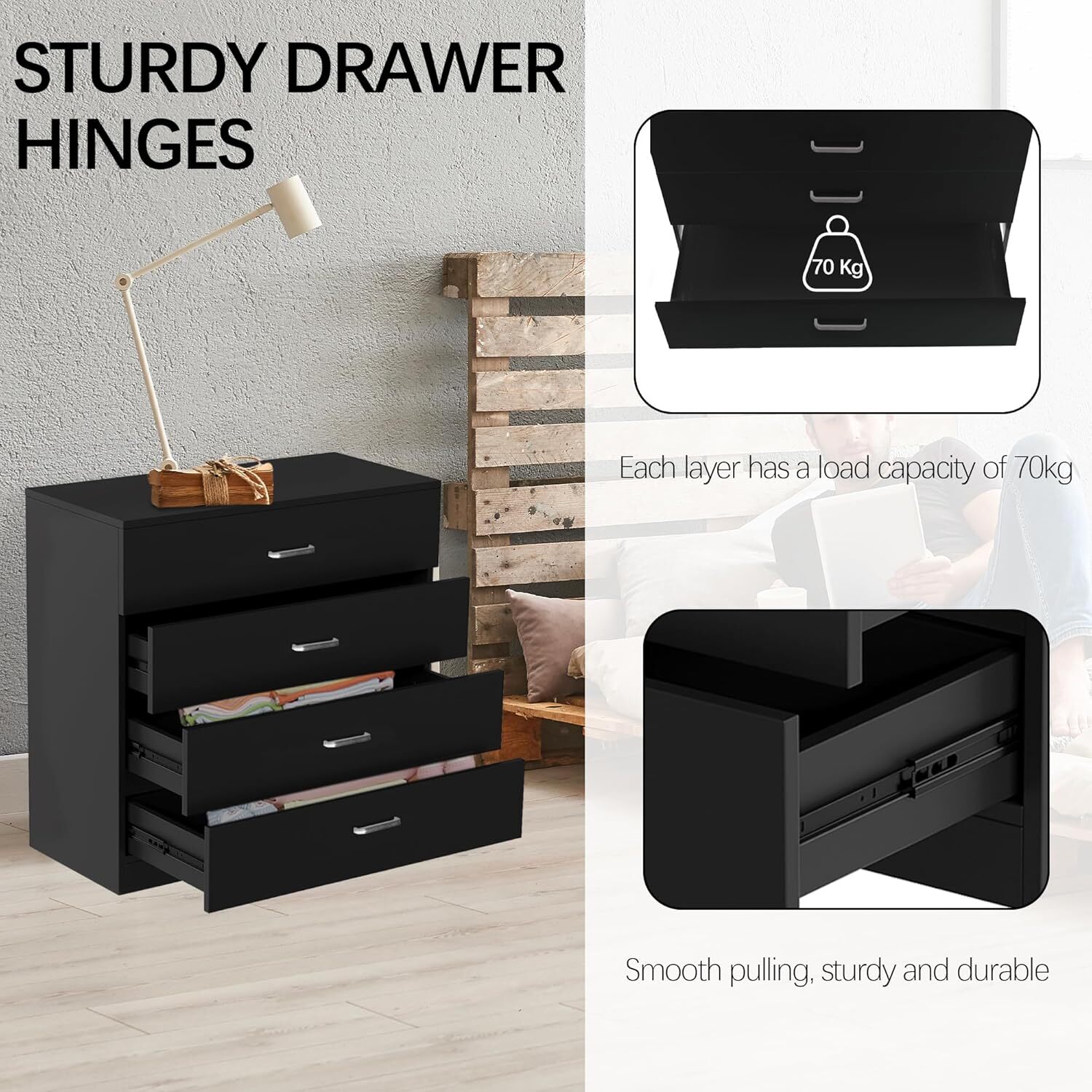 Alivio 4 Drawers Bedside Storage Cabinet - Black