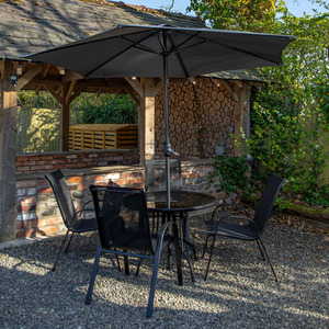 4 Person Round Glass Top Garden Dining Table with Grey Parasol and Base