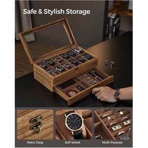 SONGMICS 12-Slot Wood Watch Box with Large Glass Lid