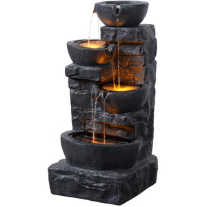 Outdoor Garden 3-Tier Cascading Bowls Water Fountain with LED Lights, Dark Grey