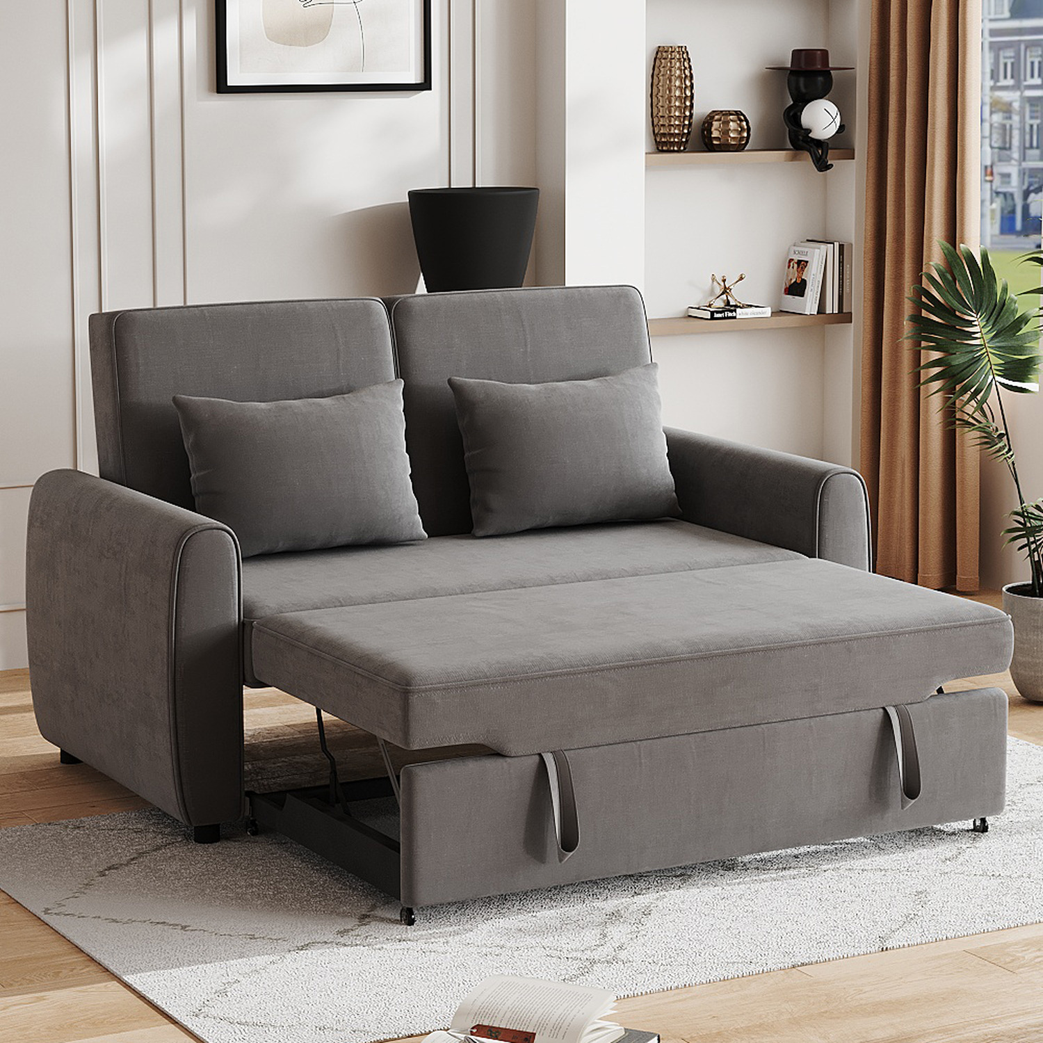Fabric Convertible Sofa Bed With Two Pillows - Dark Grey