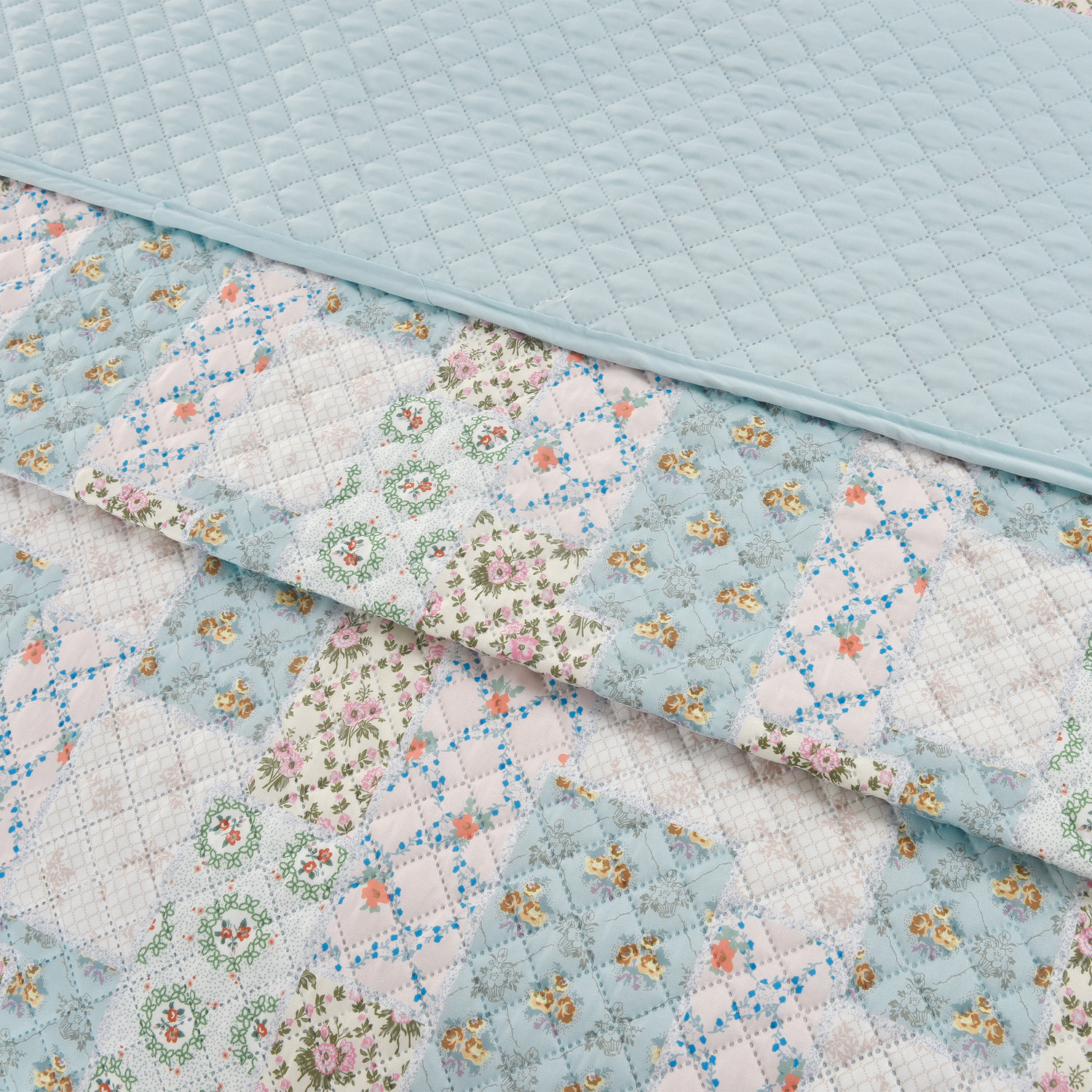 Floral Patchwork Printed Light Quilted Piped Edge Throw - Blue
