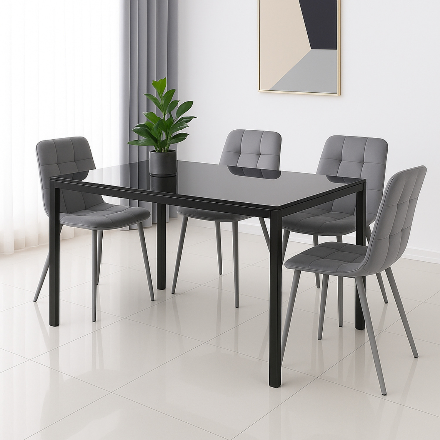 Modern Black Glass Dining Table Set with 4 Grey Dining Chairs