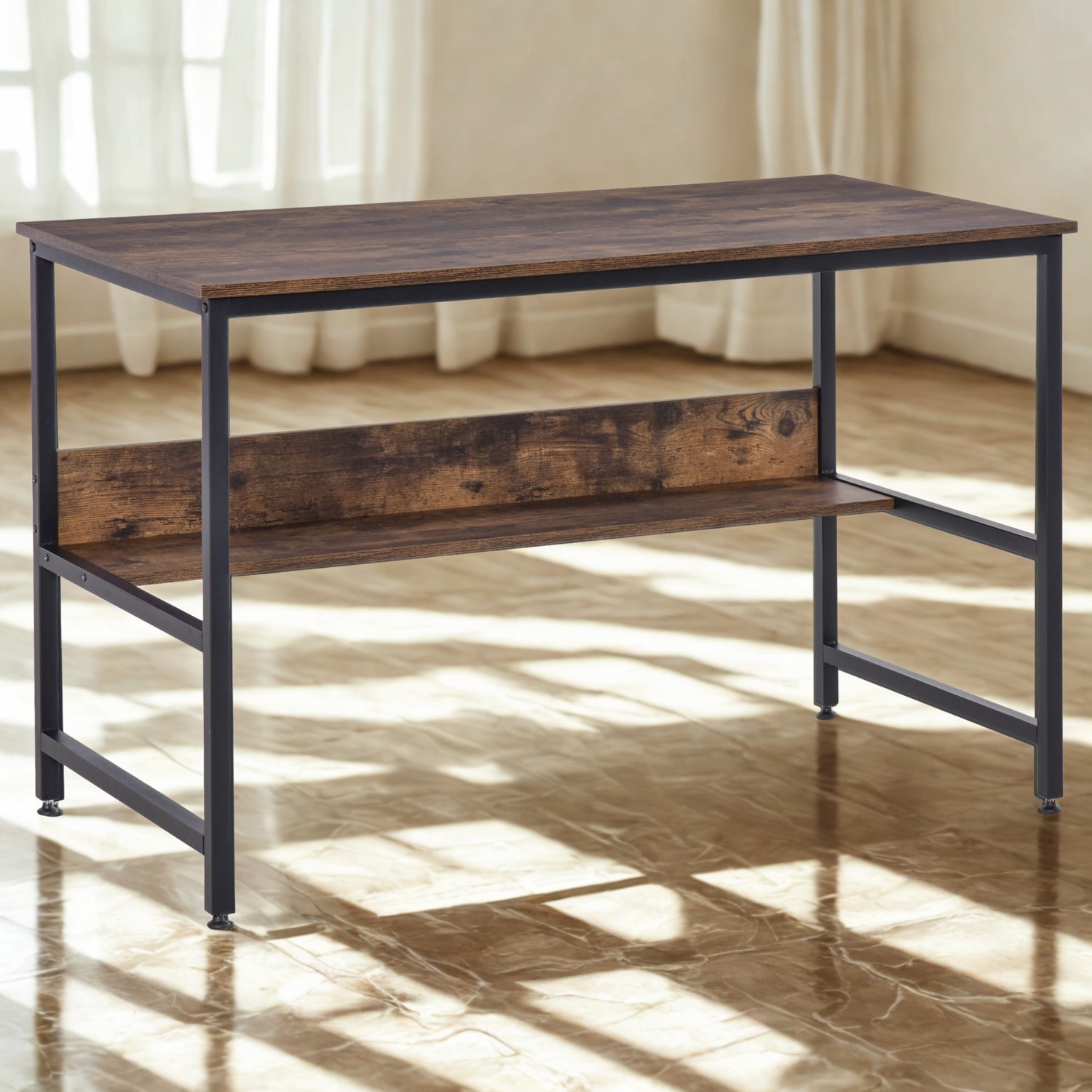 Industrial Rustic 2 Tier Computer Desk With Storage Shelf - Rustic Brown