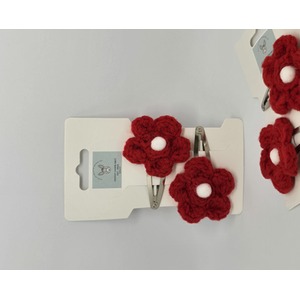 Red White knitted flower Hair Clip Pk2
