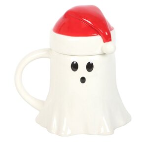 Ghost Shaped Mug with Santa Hat Lid Festive Ceramic Cup