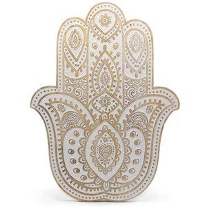 Mango Wood Hamsa Wall Plaque - Whitewashed Rustic Decor