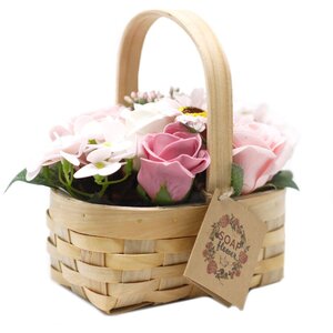 Medium Pink Bouquet in Wicker Basket Flowers Foliage Gift