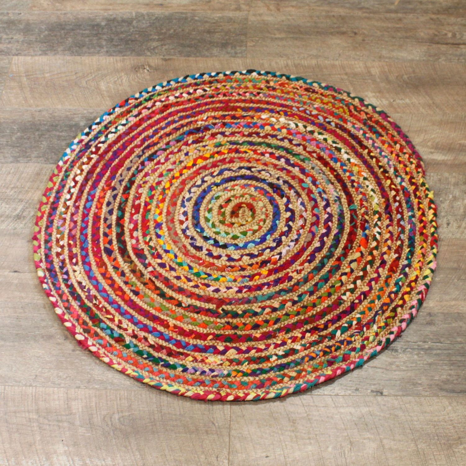 Handmade Round Jute Recycled Cotton Rug - Multi