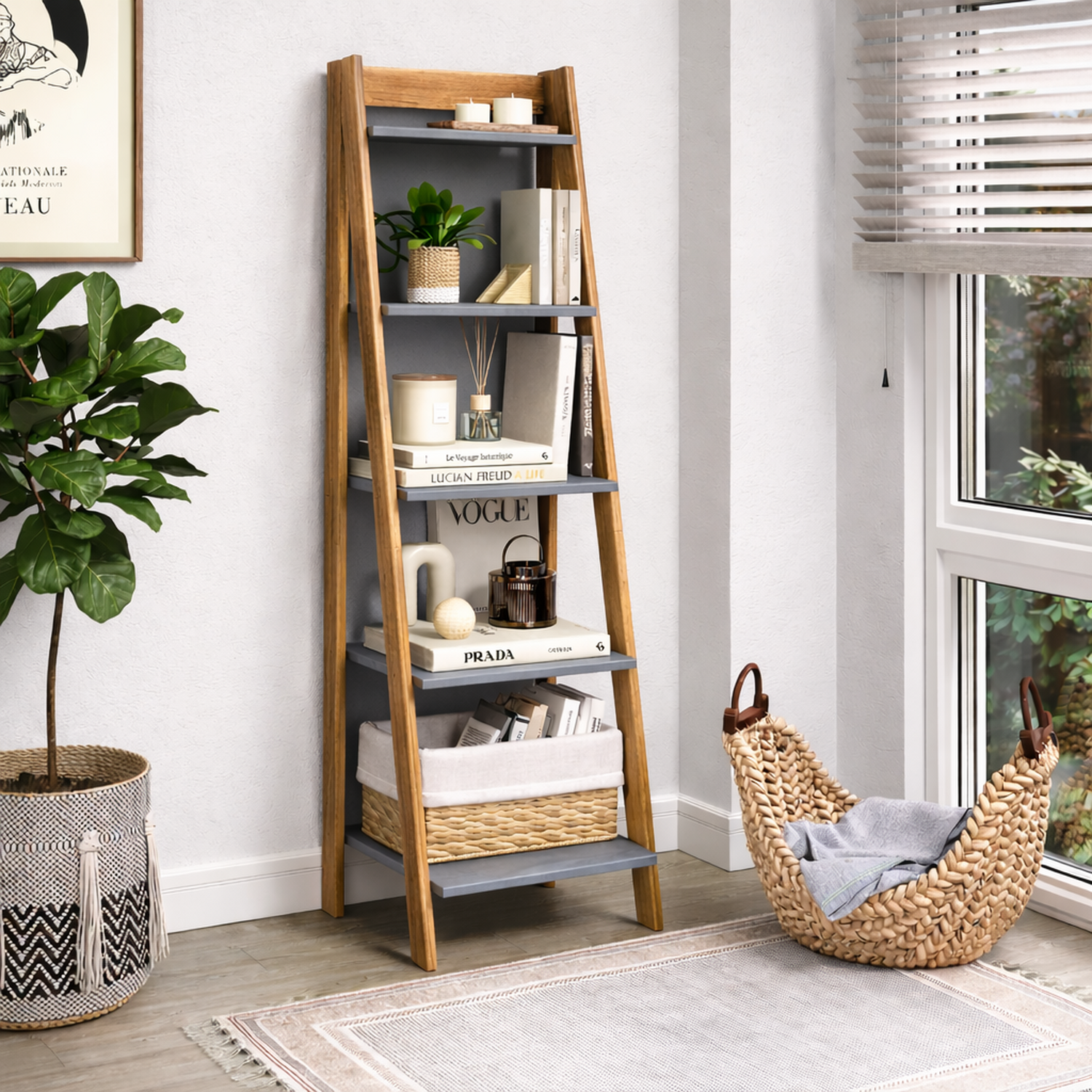 Corona Ladder Bookcase Solid Wooden Pine Wood Leaning Open Display -  Grey