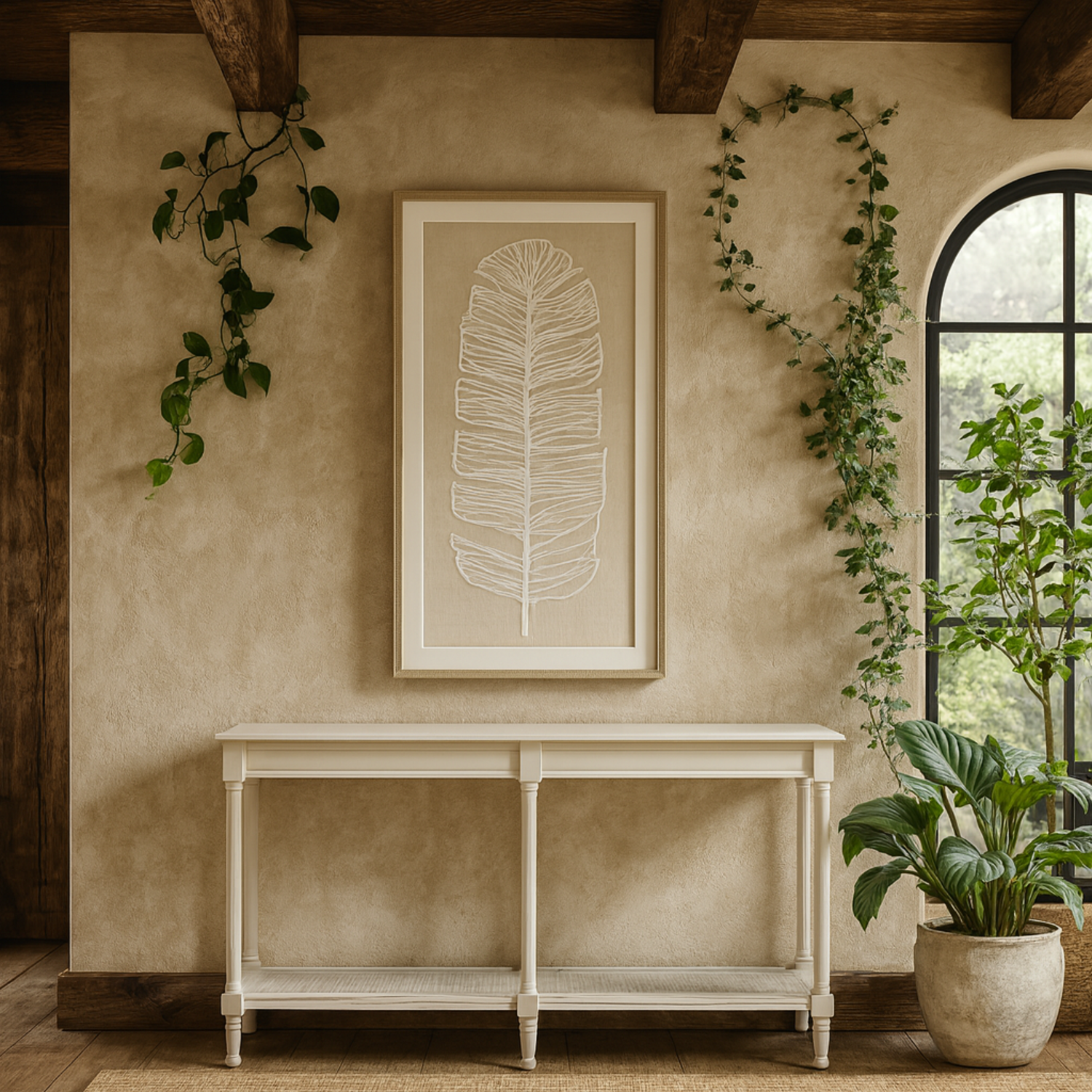 Rochemaure Large White Console Table with Rattan Shelf - White
