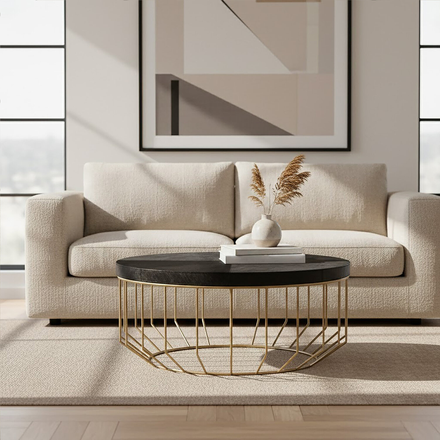 Kensington Townhouse Hair on Leather Round Coffee Table - Black