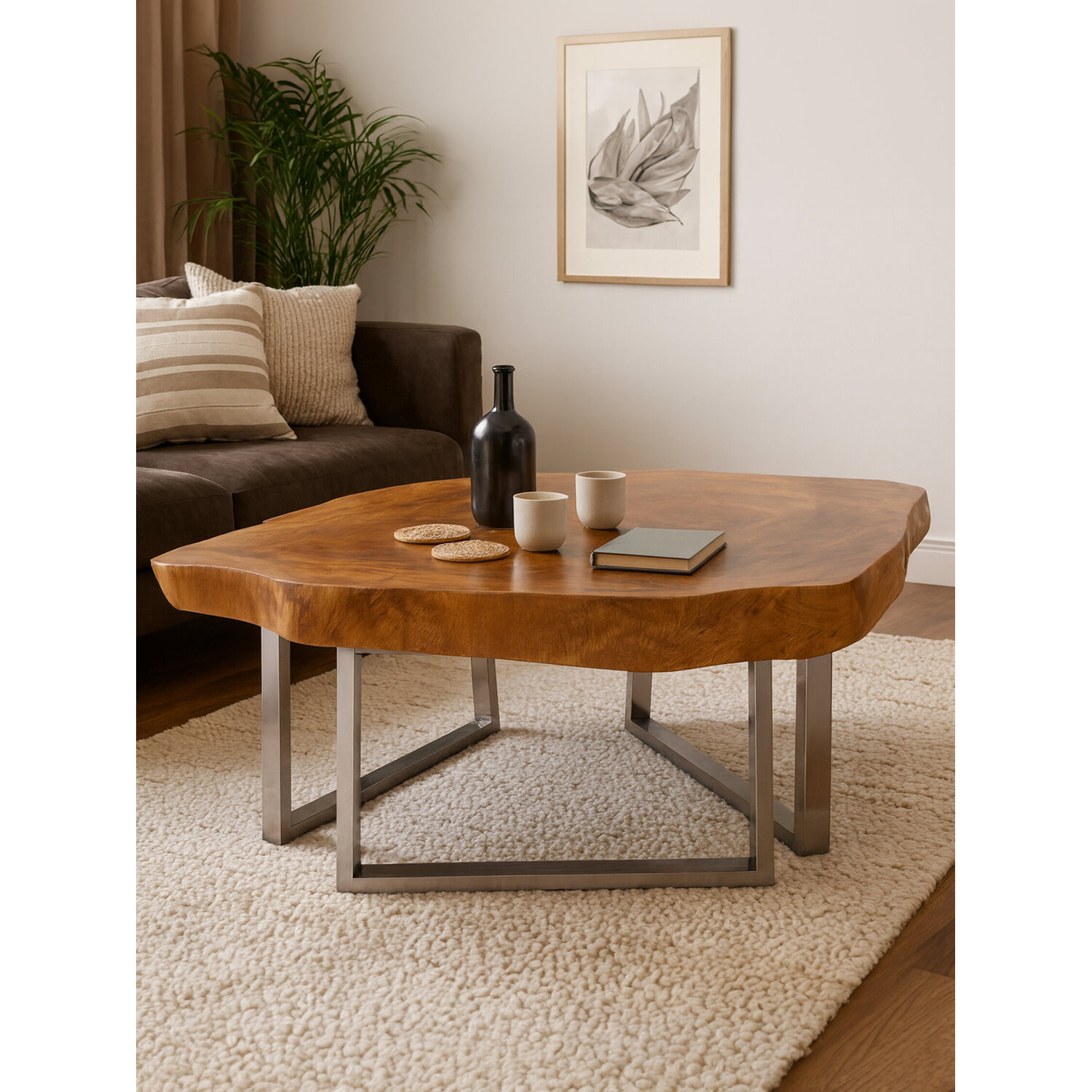 Fifty Five South Surak Live Edge Teak Wood Coffee Table - Silver