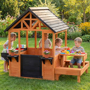 AIYAPLAY Wooden Playhouse for Kids with Table, Benches and Sink