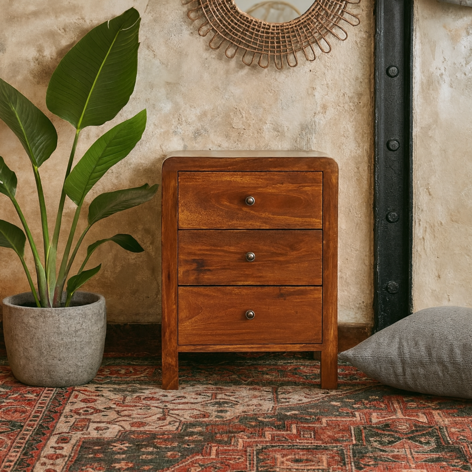 Thai 3 Drawer Mango Wood Bedside Table Chestnut Matt Finish - Brown