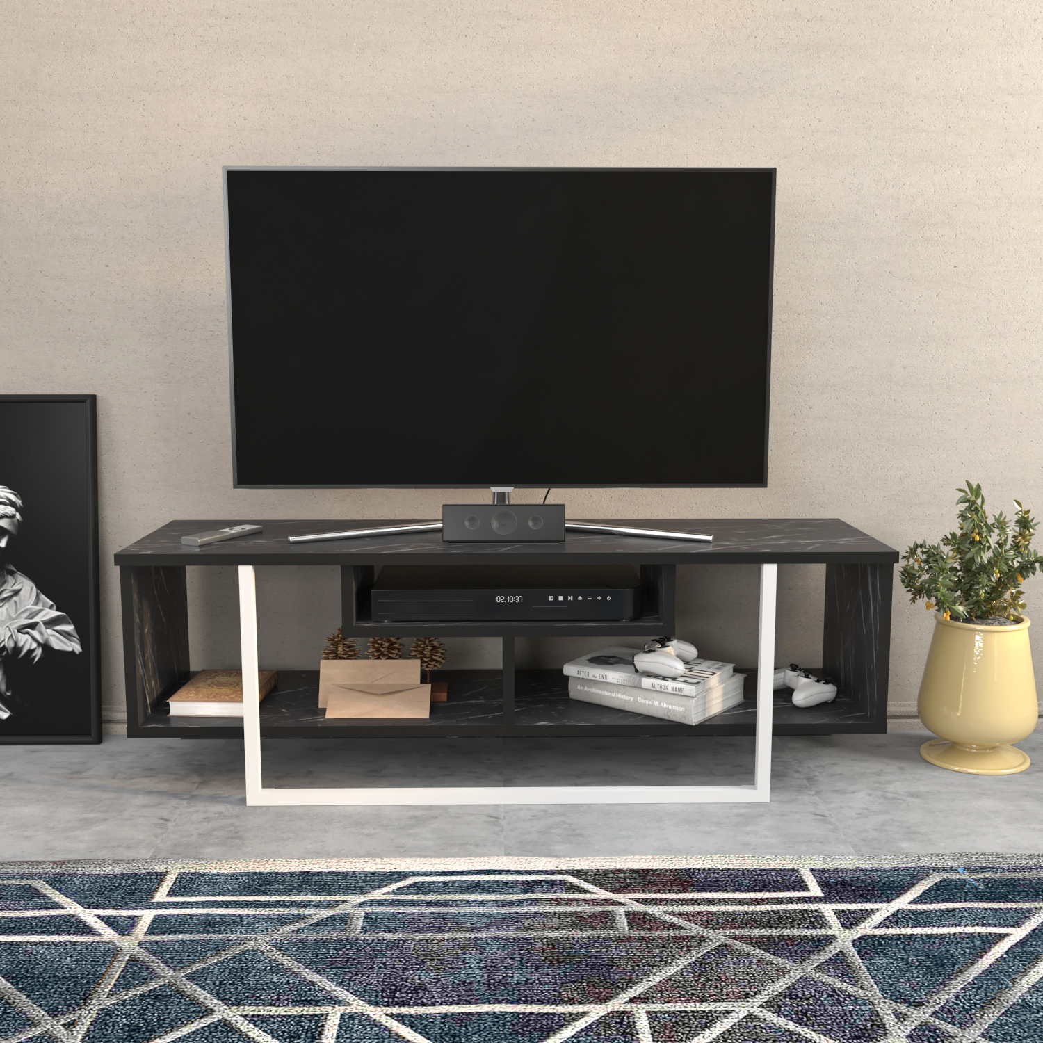 Asal TV Unit - Black Marble Effect and White / 47in / 35.2cm / 402.00cm