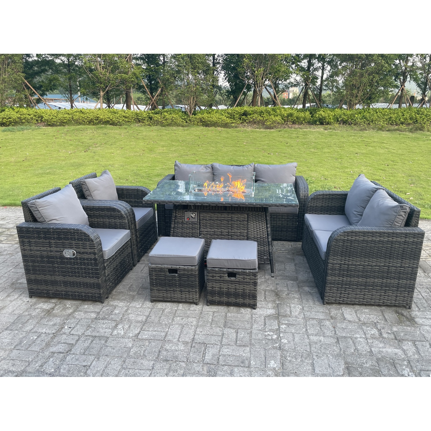 Fimous Rattan 9 Seater Gas Fire Pit Sofa Set Reclining Chairs Stools