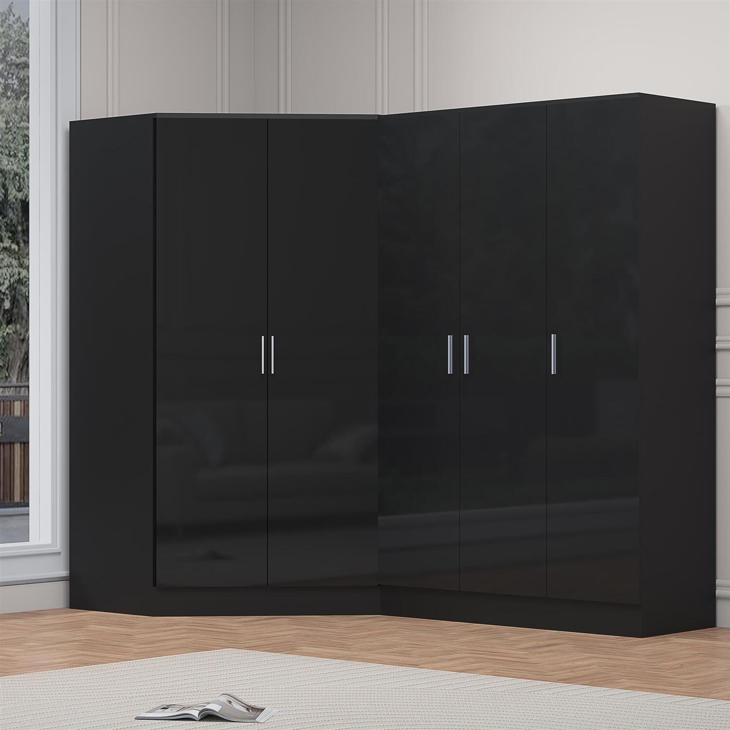 B&Q -  2Pc Wardrobe Bundle2 Door Corner + 3 Door PlainBlack Gloss & Black OakH: 180Cm X W: 179Cm X D: 103Cm - Image 7