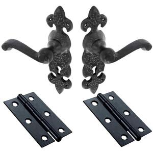 Dzina Fleur de LYS Lever Lock Door Handle and Hinges Set, Antique Black, 1 Set