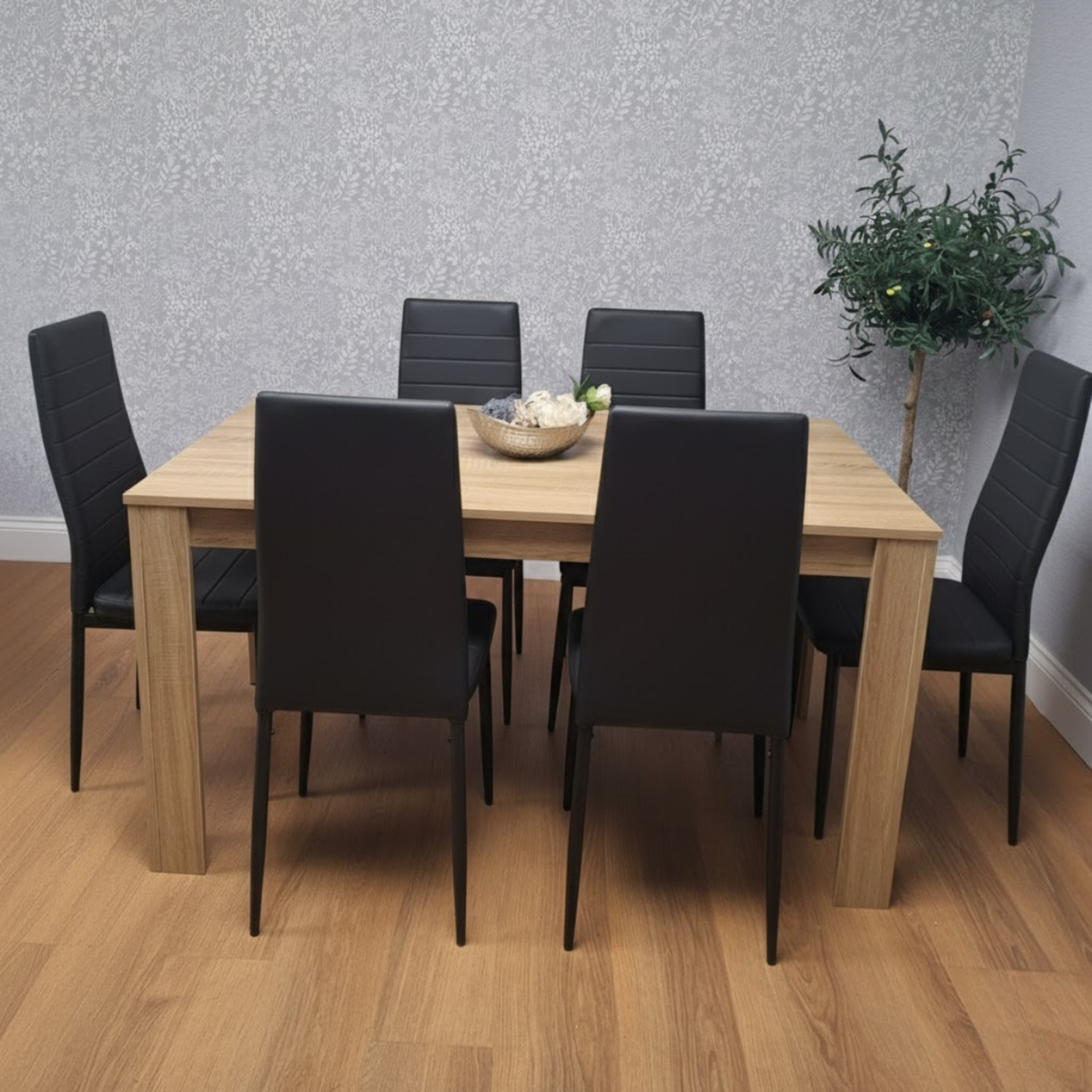 Kosy Koala Oak Effect Dining Table Set - 6 Black Faux Leather Chairs - Image 2
