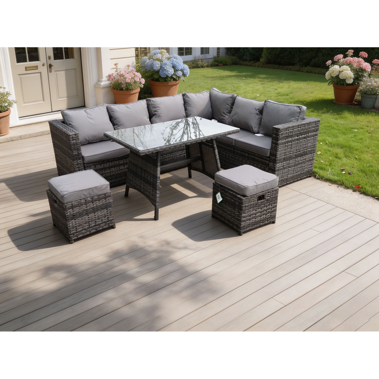 Rackhams Dark/Grey Mixed 8 Seater Rattan Garden Outdoor Corner Sofa Set Rectangular Dining Table Small Footstools - Image 2