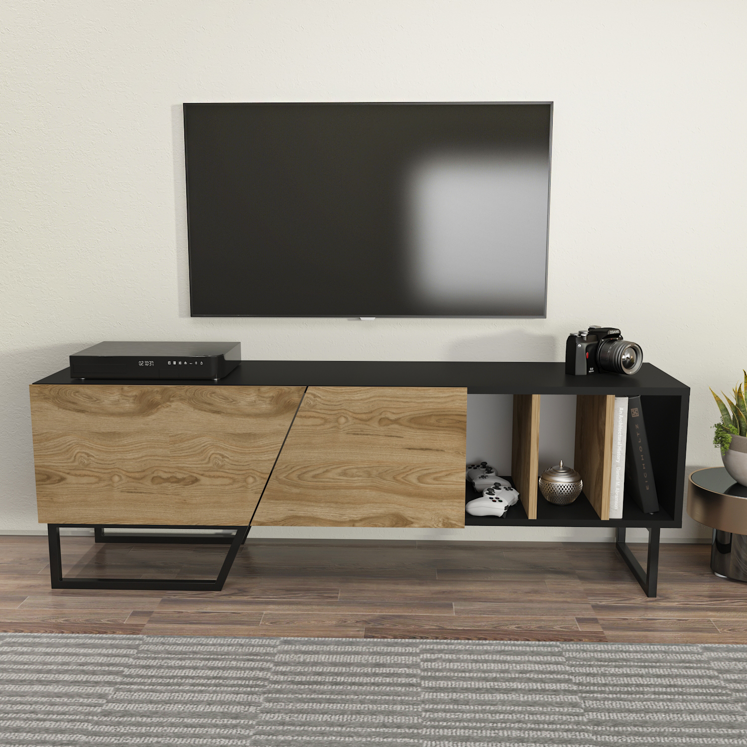 Decorotika Linossa Industrial Tv Unit Tvs Up To 60" - Black And Walnut