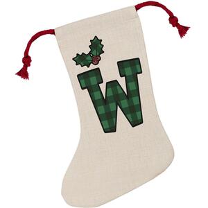 Green Tartan Alphabet Letter W Stocking - Novelty Xmas Gift - Linen-Style With Red Drawstring Ties