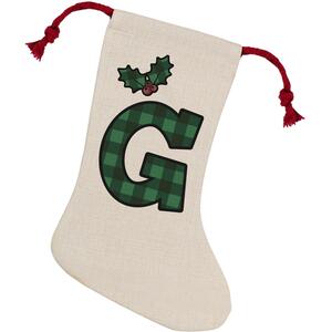 Green Tartan Alphabet Letter G Stocking - Novelty Xmas Gift - Linen-Style With Red Drawstring Ties