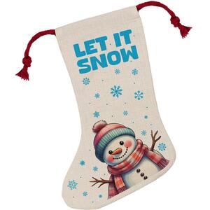 Let It Snow Happy Snowman Christmas Stocking - Linen-Style With Red Drawstring Ties