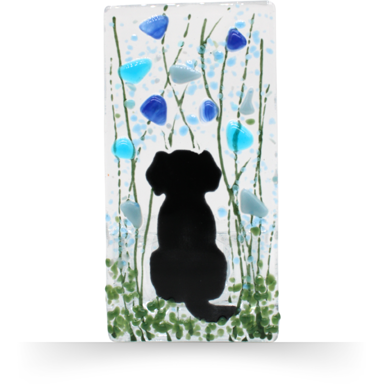 Fused Glass Tea Light Holder ¿ Dog & Forget Me Not Design (Handmade) - Blue
