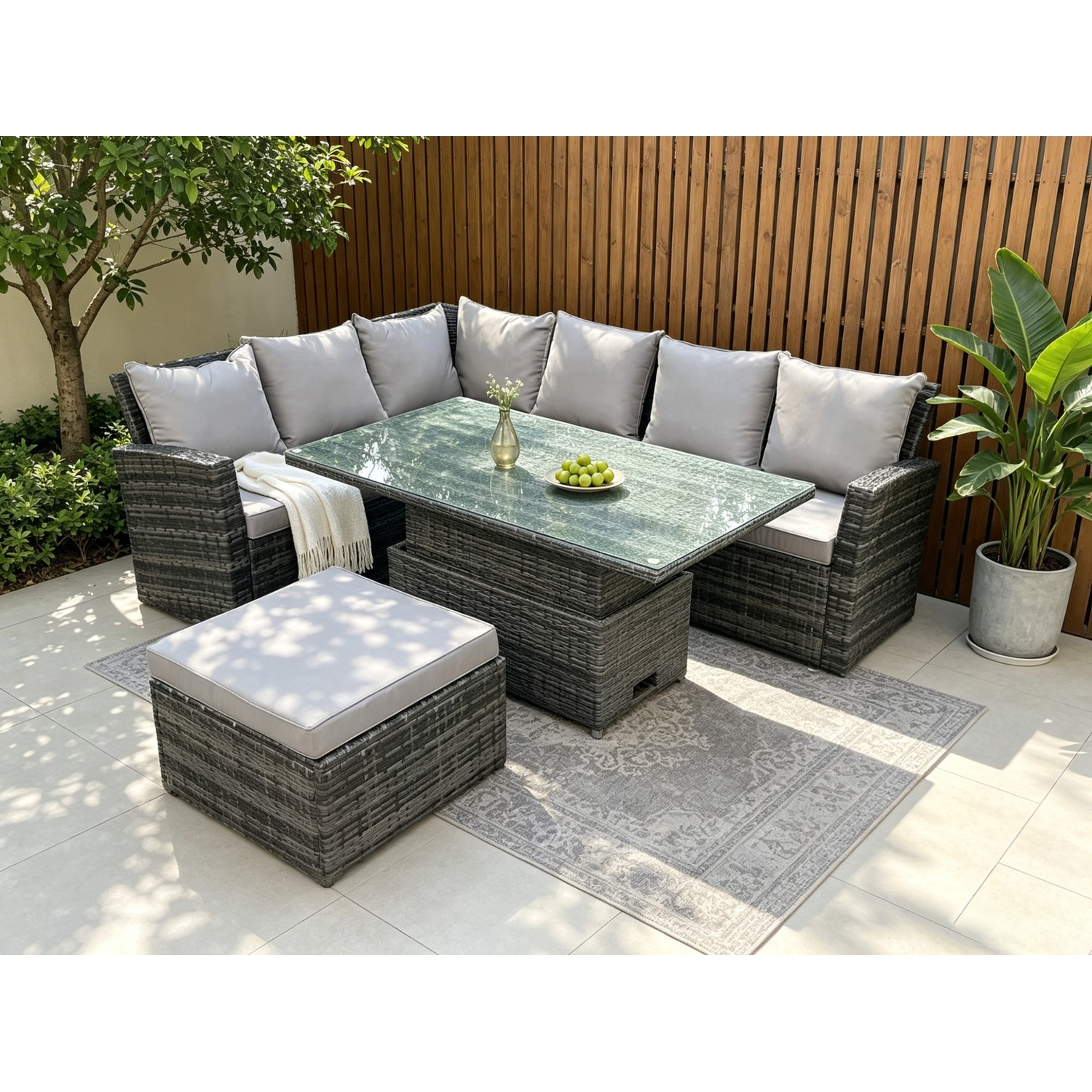 Fimous Dark/Grey 7 Seater?Outdoor Rattan High Back Adjustable Rising Lifting Dining Table Corner Sofa Set Garden Furniture Mixed Left Hand - Image 2