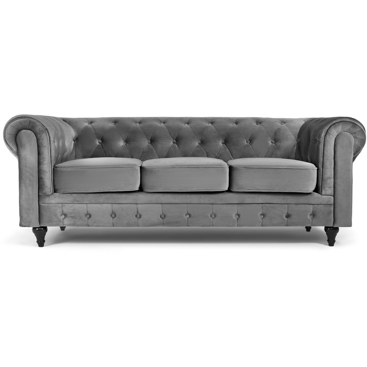 Bravich Chesterfield Scroll Arm Velvet Sofa - Grey