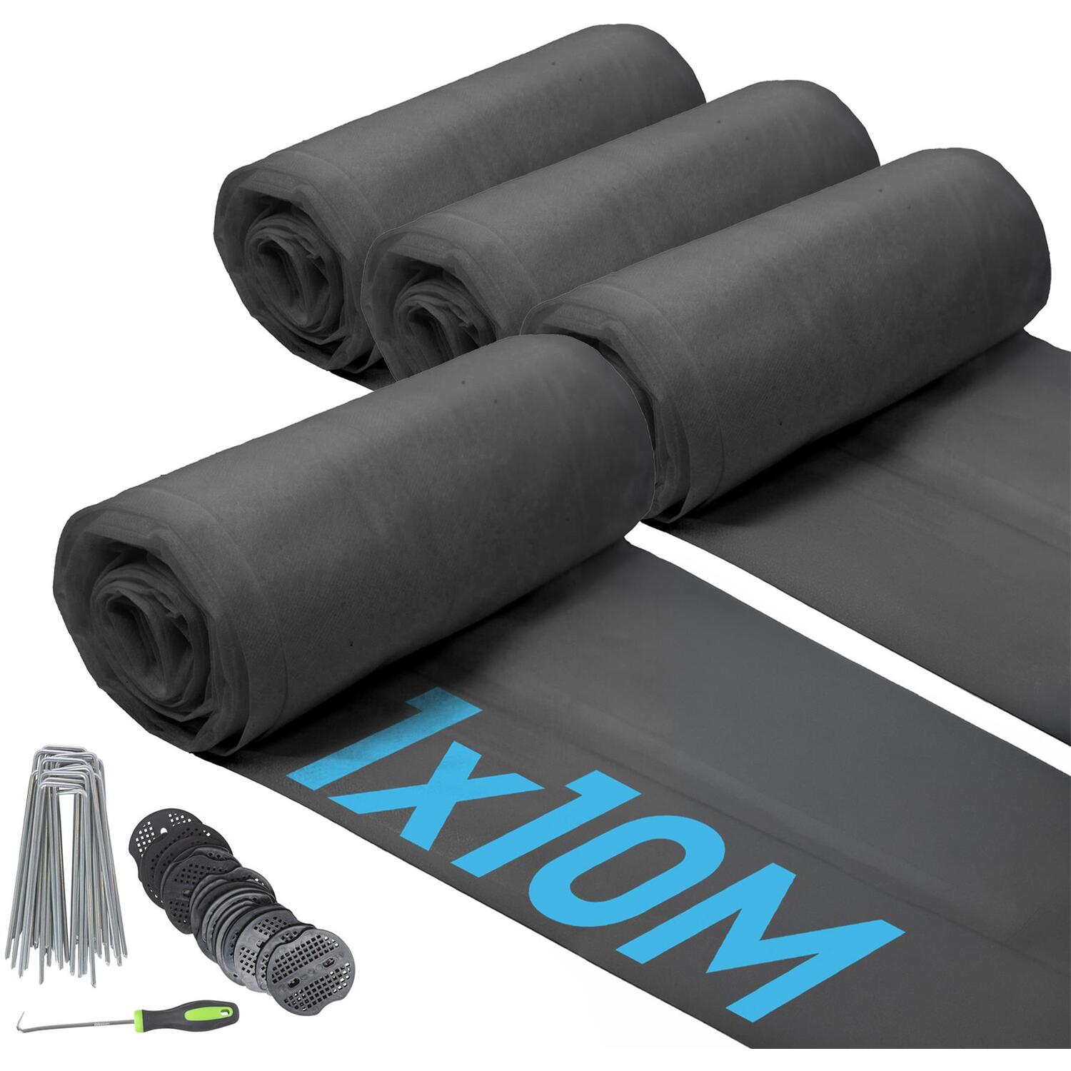 Harbour Housewares 100Gsm Weed Control Membrane With Pegs & Plates 1M X 10M - Black / 8.21Kg