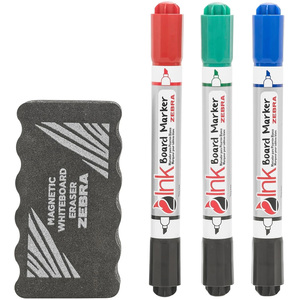Set of 3 Zebra Whiteboard Markers and Magnetic Eraser