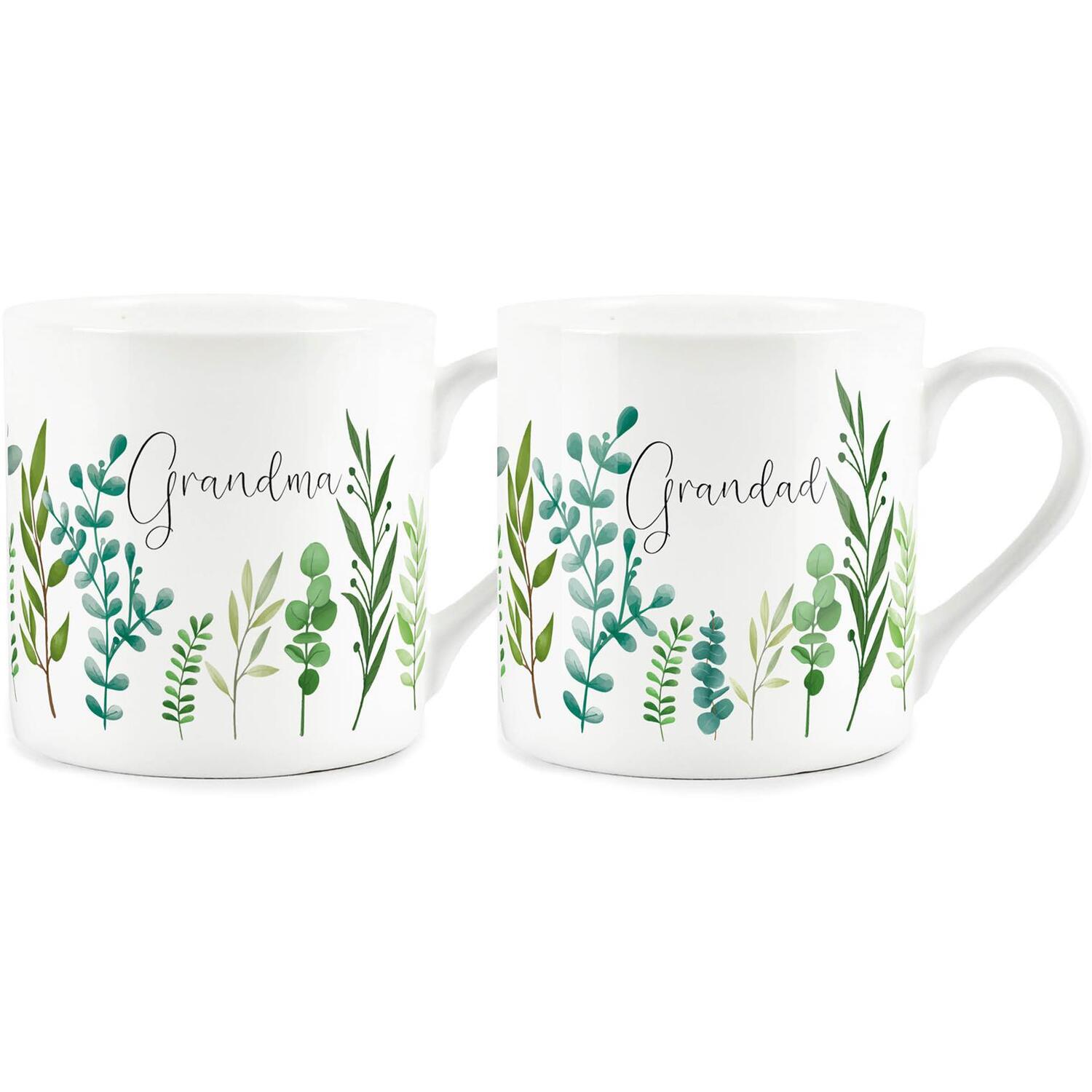 Purely Home Green Leaves Grandma & Grandad Bone China Mugs Gift - Set Of 2 - Green