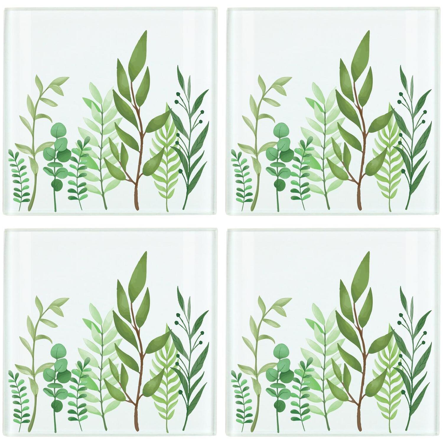 Purely Home Green Leaves Coaster Set - Square Glass Foliage Print - Set Of 4 Coasters - Green