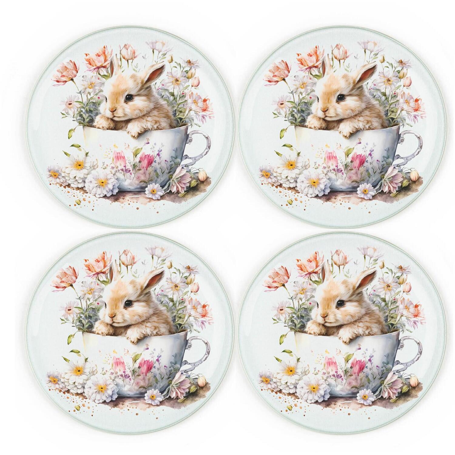 B&Q - Bunny Rabbit Coaster SetRound Glass Teacup Floral Bunny Design GiftSet Of Four (4) Drinks Coasters - Image 3