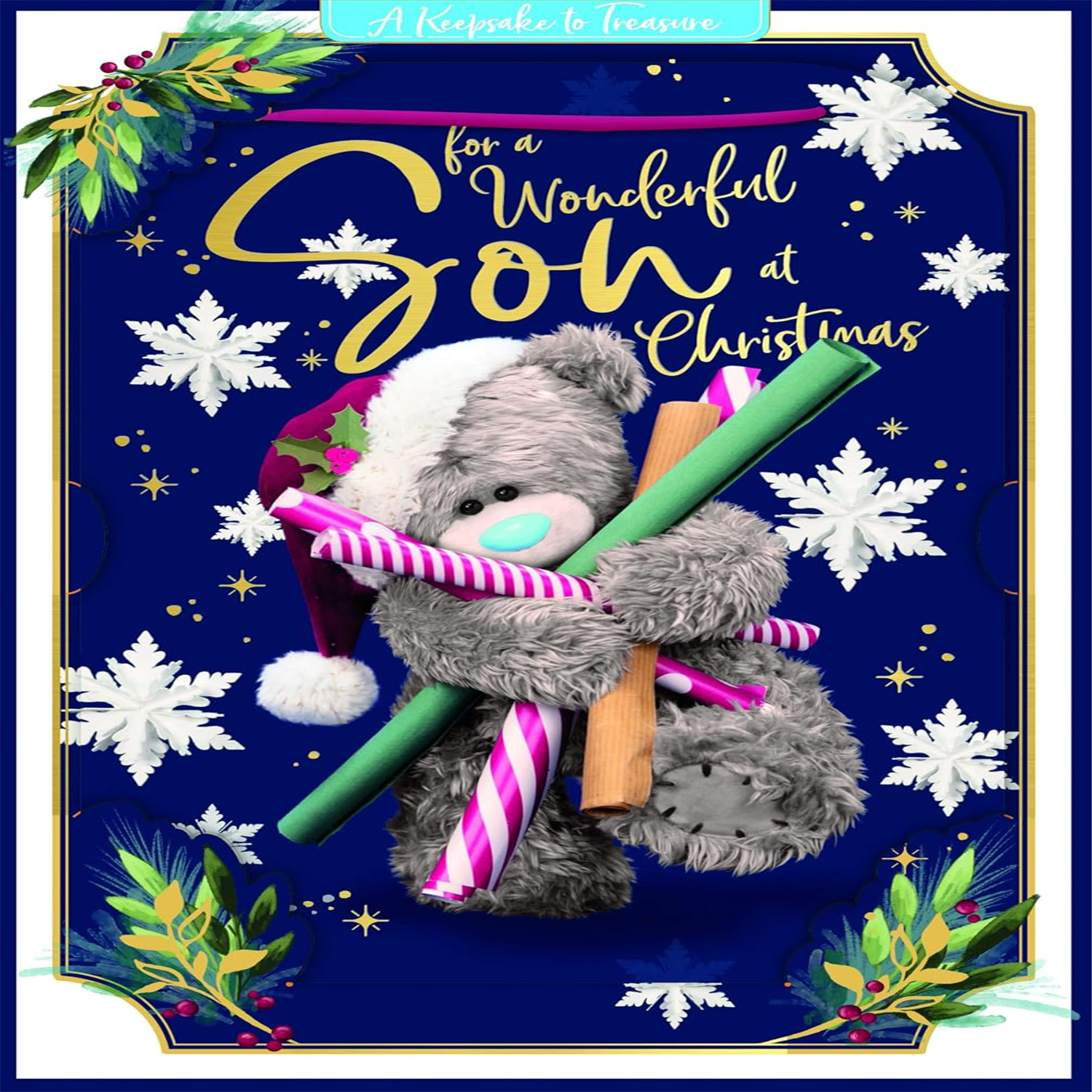 Bear With Wrapping Paper Wonderful Son 3D Christmas Keepsake Card - Image 3