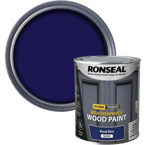Ronseal 10 Year Weatherproof Wood Paint Royal Blue Gloss Pack of 3 x 750ml