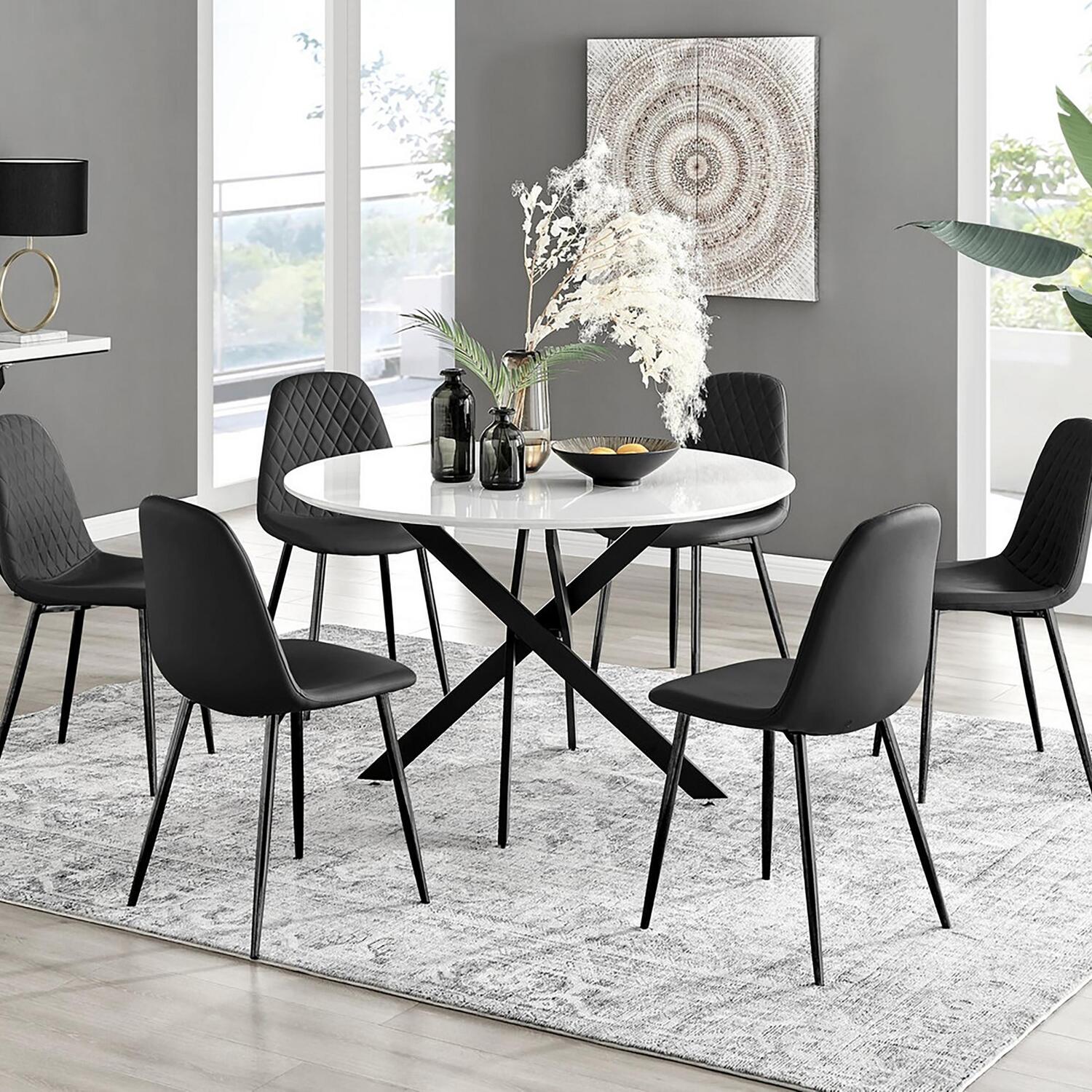 Furniturebox Uk Novara White Gloss Black Leg 120Cm Round Dining Table & Corona Black Leg Chairs - Black