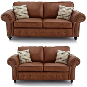 Oakland 3 and 2 Suede Leather Seater Sofa Set - Tan