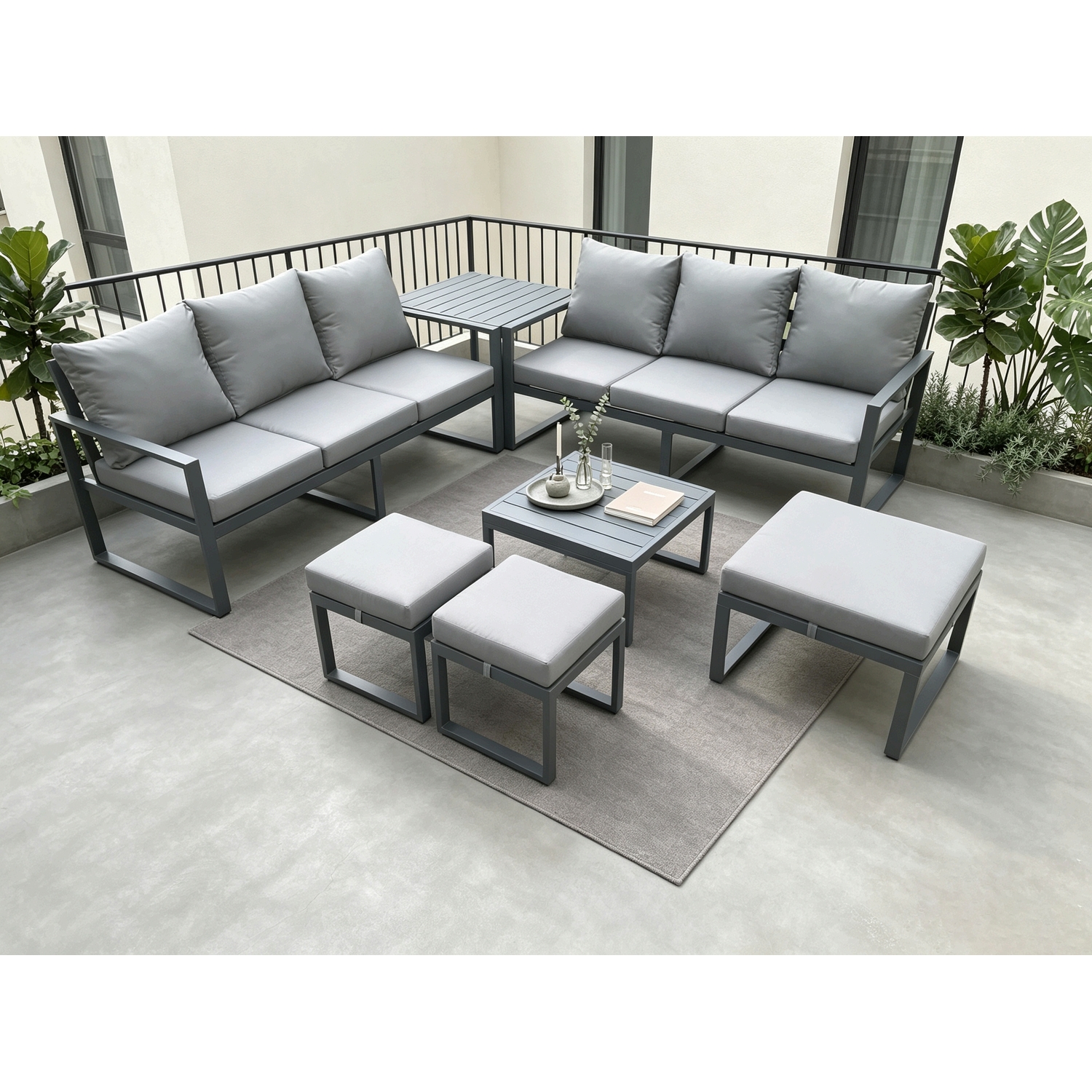 Fimous Aluminium 9 Seater Outdoor Garden Furniture Lounge Sofa Set With Square Coffee Table 3 Footstools Dark Grey - Image 3