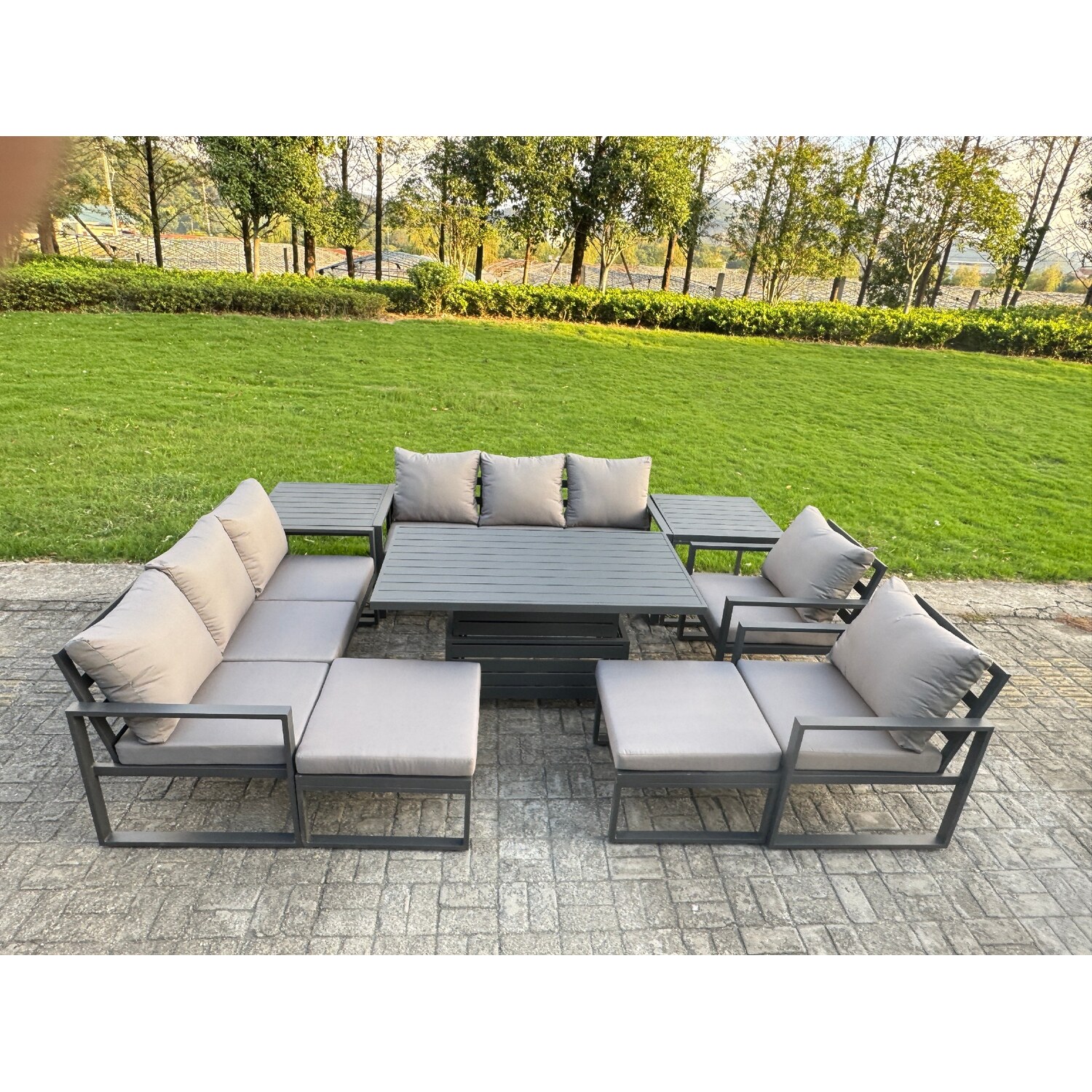 Fimous Unisex Dark Grey Aluminum 10-Seater Patio Set With Lifting Table, 2 Side Tables In Size 10 - Image 3