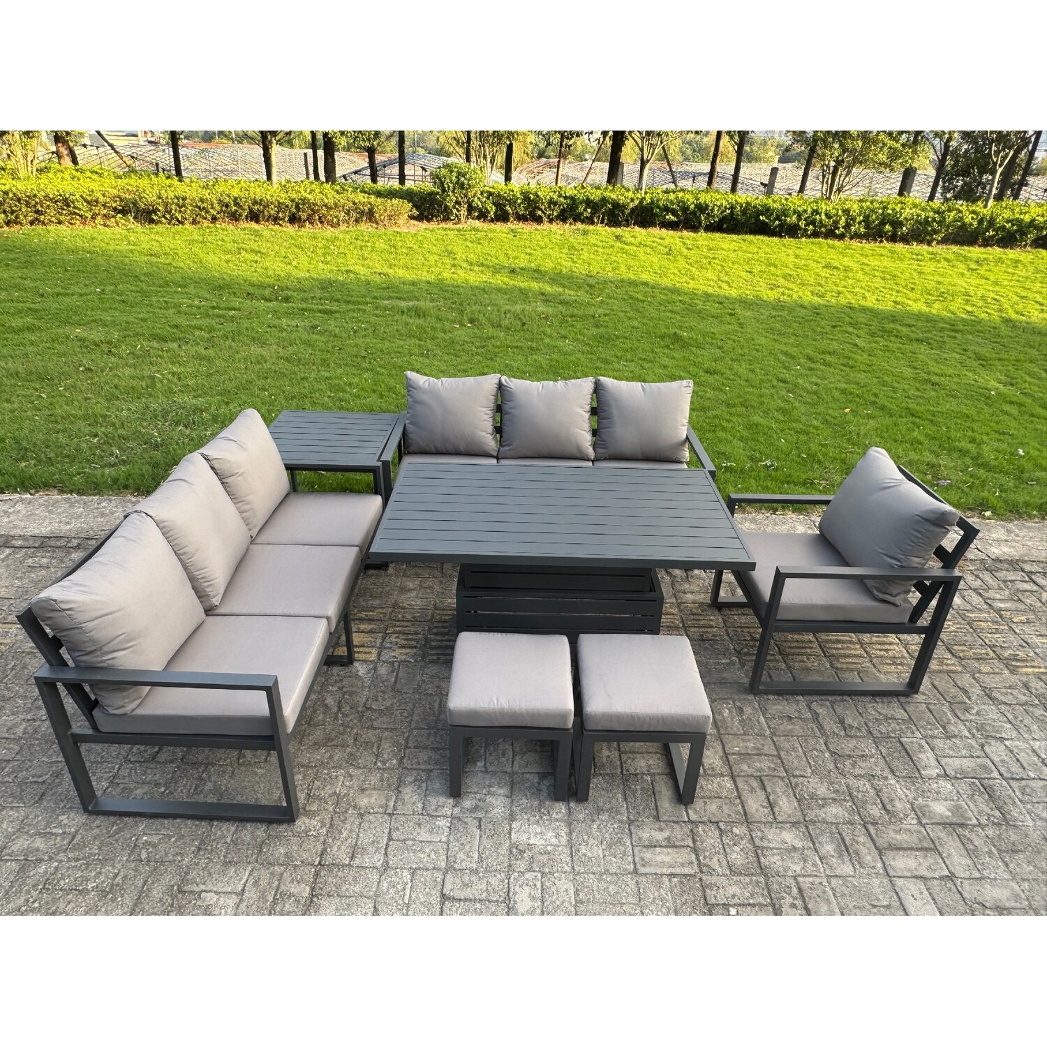 Fimous Unisex Dark Grey Aluminum 9-Seater Sofa Dining Set With Lifting Table & 2 Stools In Small - Image 3