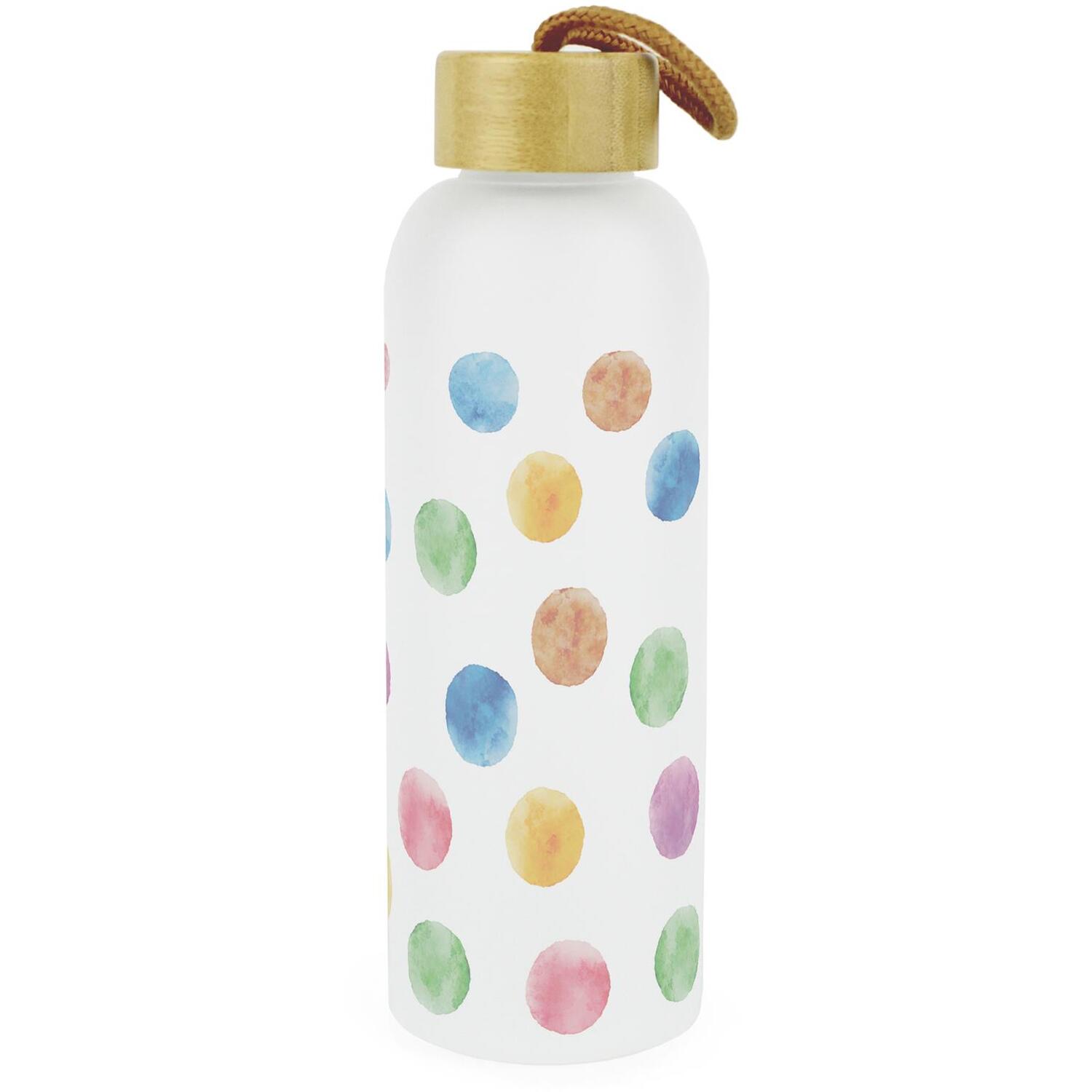 B&Q - Polka Dots Glass Water BottleMulticoloured Spotty GiftsFrosted Glass Drinks Bottle With Wooden Screw Lid & Hanging Loop - Image 2