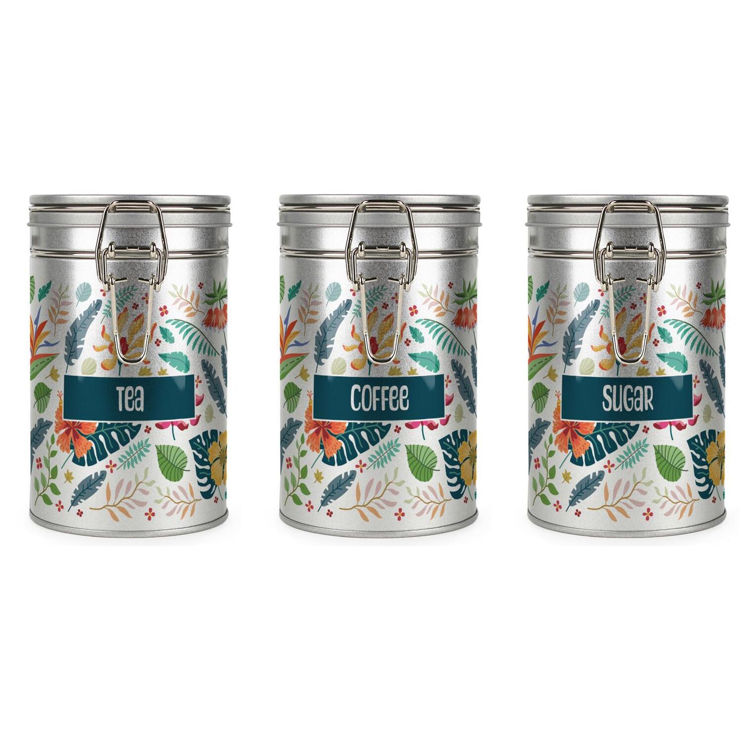 B&Q - Tropical Flowers Canister SetTeaCoffee & SugarSilver Metal Kitchen Storage Containers - Image 2