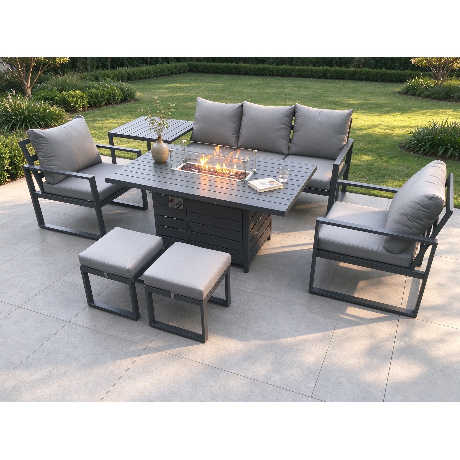 Fimous Dark/Grey Aluminium Patio Outdoor Garden Furniture Lounge Sofa Set Gas Fire Pit Dining Table With Side Table 2 Small Footstools - Image 2
