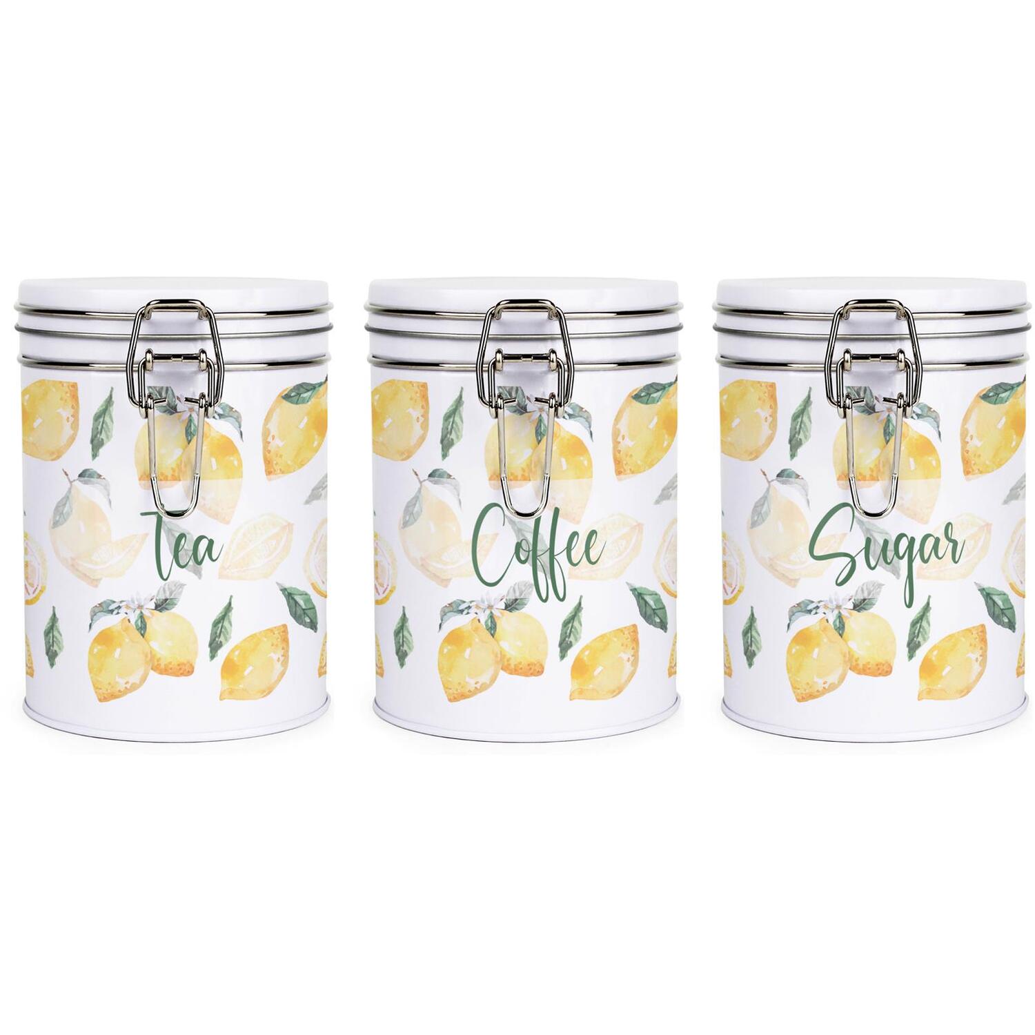 Purely Home Lemons Tea, Coffee & Sugar Canister Set - White Metal Clip Lid Kitchen Storage Jar/Container Gift 700ml (13cm x 9.5cm) - Image 3
