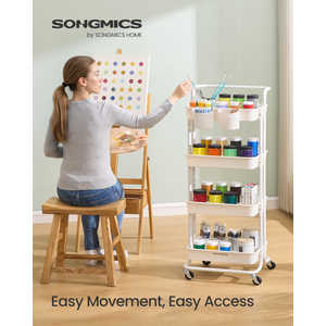 SONGMICS 4-Tier Rolling Storage Cart on Wheels, with Handle, 2 Hanging Holders, Steel
